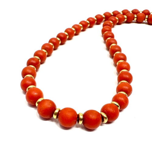 50 - fine 18ct gold clasp & gold spacers red coral necklace measures 40 cm long beads measure approx 5.5m... 