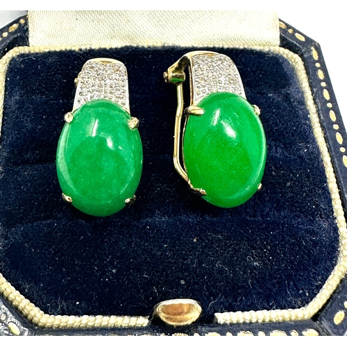 96 - 14ct gold jade & diamond earrings weight 6.4g