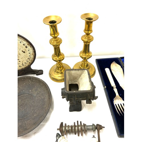 162 - Large selection of metal ware includes guys shield protector miners lamp, candle sticks etc