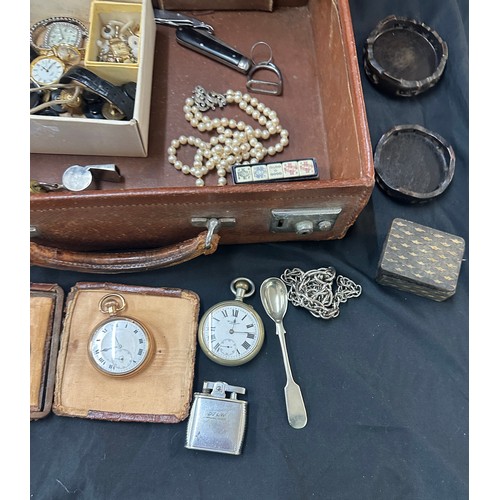 580 - Leather travelling case containing pocket watches, whistle, lighter, watches, travelling clock etc