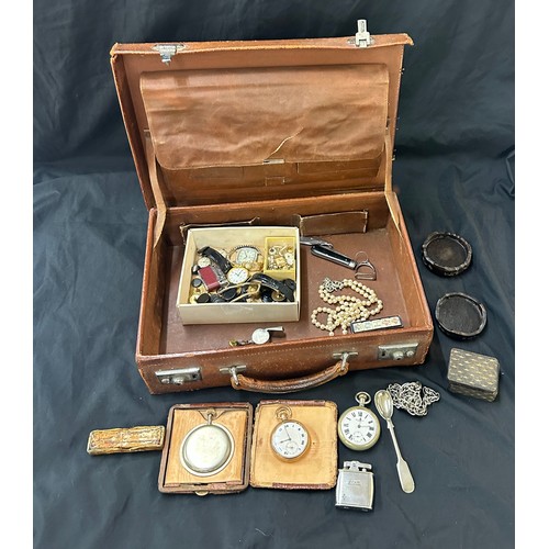 580 - Leather travelling case containing pocket watches, whistle, lighter, watches, travelling clock etc