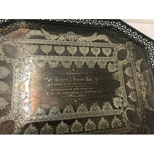 502 - Large silver plated serving tray presented by Gilbert J. Ferrier measures approx 20 inches wide by 1... 