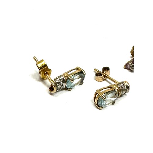 286 - 3 X 9ct Gold Vintage Topaz, Blue And Pink Sapphire, Opal, And Diamond Stud Earrings (3.8g)