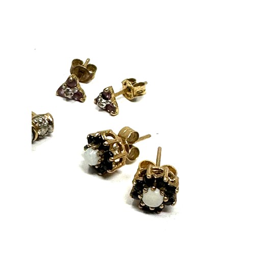 286 - 3 X 9ct Gold Vintage Topaz, Blue And Pink Sapphire, Opal, And Diamond Stud Earrings (3.8g)