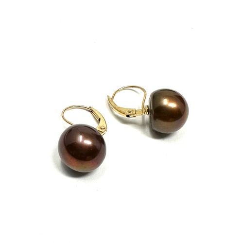 186 - 9ct gold cultured chocolate pearl drop  earrings (3.4g)