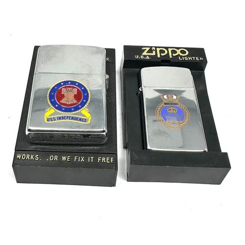 476 - 2 x Zippo Lighters Inc Military HMS Ark Royal Slim Chrome & USS Independence