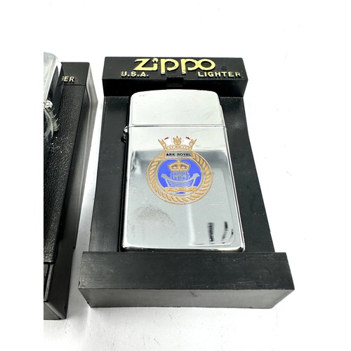 476 - 2 x Zippo Lighters Inc Military HMS Ark Royal Slim Chrome & USS Independence