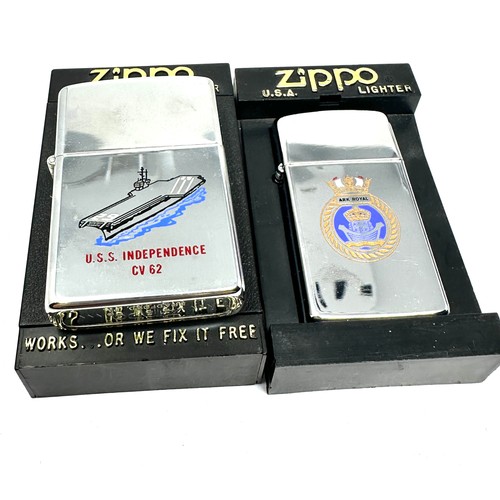 476 - 2 x Zippo Lighters Inc Military HMS Ark Royal Slim Chrome & USS Independence