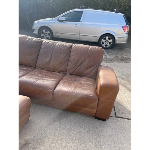 355 - Brown leather corner suit qith footstool over all length 110 inches