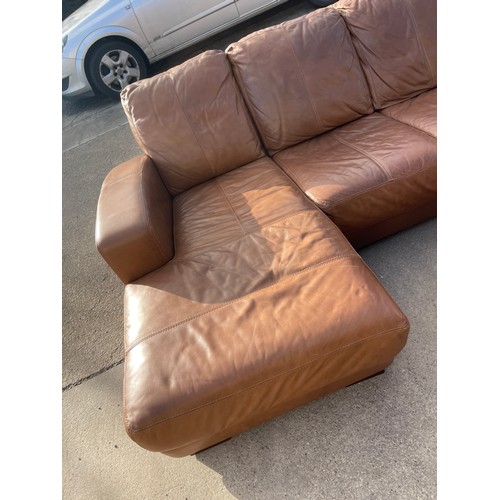 355 - Brown leather corner suit qith footstool over all length 110 inches