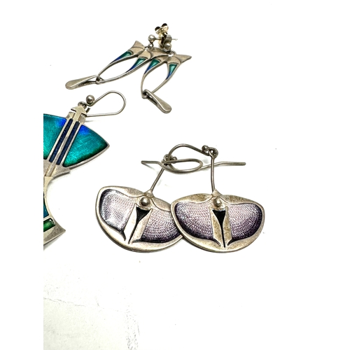 349 - Three pairs of silver enamel earrings by Pat Cheney (19g)