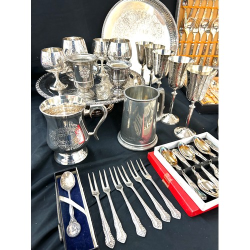 236 - Large selection of metal ware includes silver plate, canteen of cutlery etc