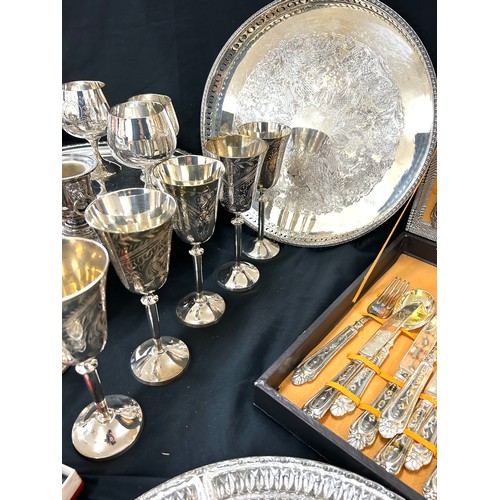 236 - Large selection of metal ware includes silver plate, canteen of cutlery etc