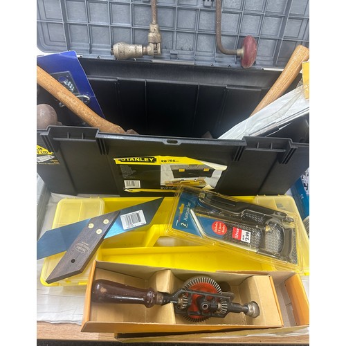 350 - Large selection of assorted tools including Stanley tool box, screw driver set, hammers, planes, saw... 