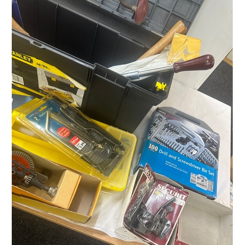 350 - Large selection of assorted tools including Stanley tool box, screw driver set, hammers, planes, saw... 