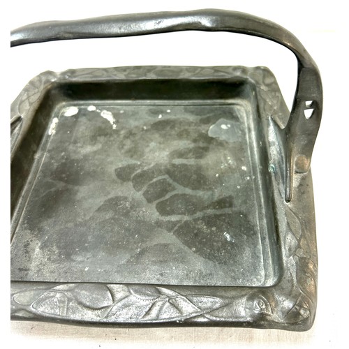 119 - Art Nouveau German pewter square basket tray, circa 1900. with stylised pierced handle and raised le... 