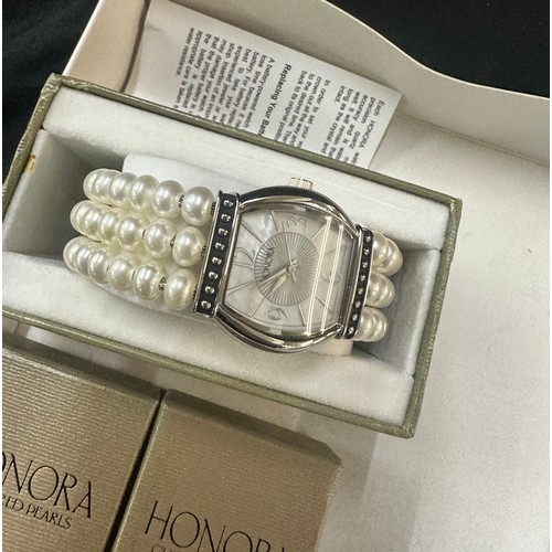 628 - Selection of boxed Honora cultured pearl earrings and a ladies wrist watch