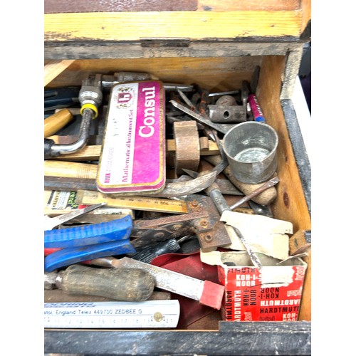 343 - Vintage carpentry box with contents to include saws, files, hammers etc