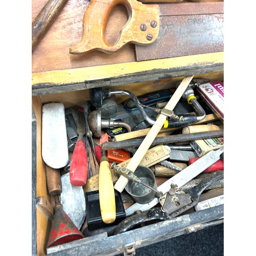 343 - Vintage carpentry box with contents to include saws, files, hammers etc