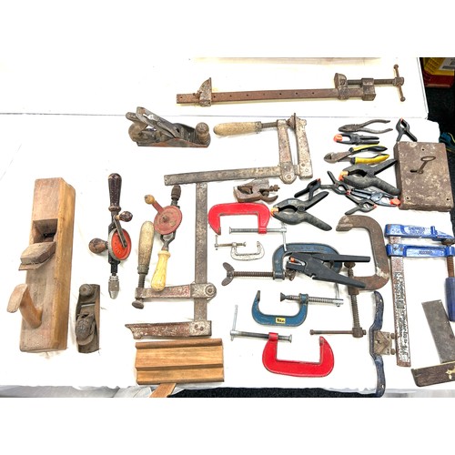 348 - Large selection of tools including g clamps, drills, hand drills, files etc