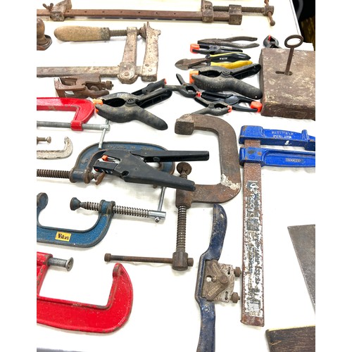 348 - Large selection of tools including g clamps, drills, hand drills, files etc