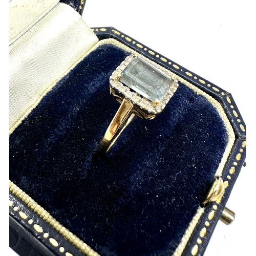 226 - 9ct gold blue quartz single stone ring with diamond surround (2.1g)