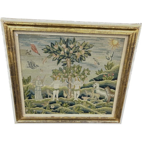 65 - Large antique 17th/18th century framed tapestry sampler of Adam and Eve size approx 57 cm x 62 cm