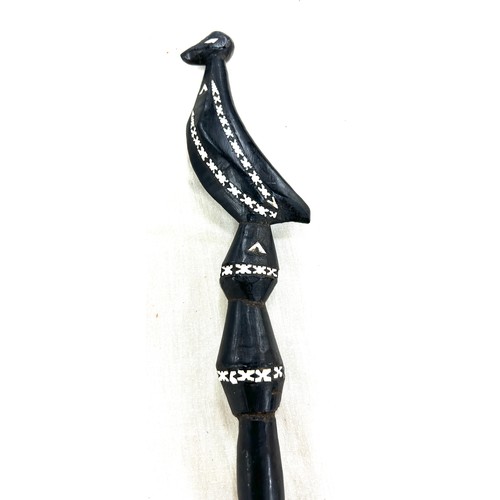 495 - Antique Soloman islands tribal art staff stylised bird inlaid with mother of pearl