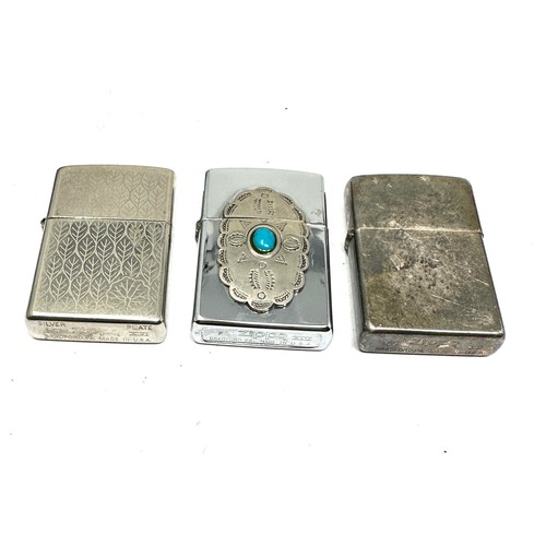 475 - 3 x Zippo Lighters Inc Vintage Silver Plated Leaf, Plain & Navajo Turquoise