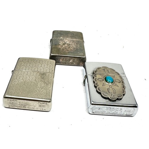 475 - 3 x Zippo Lighters Inc Vintage Silver Plated Leaf, Plain & Navajo Turquoise