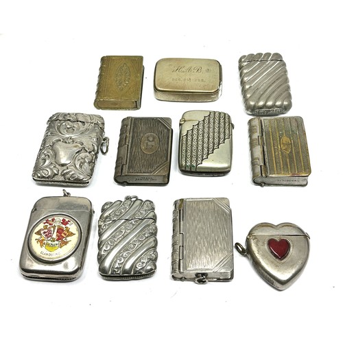 477 - Vesta Cases Inc Antique Silver Plated Book Form Fob Heart Foliate Brass Etc x 11