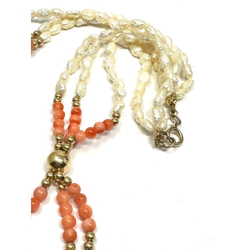 194 - 9ct gold cultured pearl & coral necklace (22.5g)