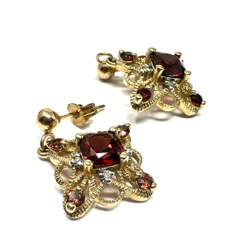 193 - 9ct gold garnet & diamond drop earrings (2.9g)