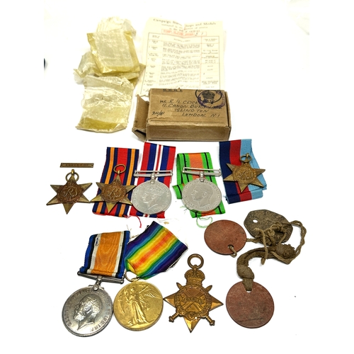 426 - ww1 & ww2 boxed medal groups father & son with dog tags ww1 trio to 1100 pte.r.w.crick e.kent .r box... 