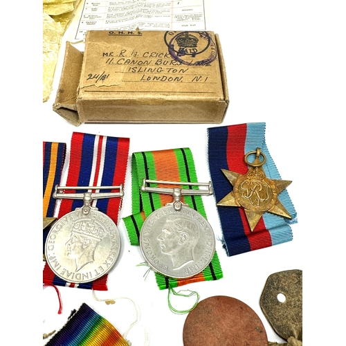 426 - ww1 & ww2 boxed medal groups father & son with dog tags ww1 trio to 1100 pte.r.w.crick e.kent .r box... 