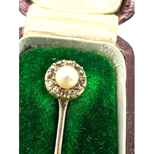 102 - 15ct gold head rose diamond & pearl stick pin 9ct gold pin boxed weight 2g