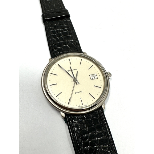 369 - Boxed Vintage Gents Zenith quartz wristwatch the watch is ticking original box & leather zenith stra... 