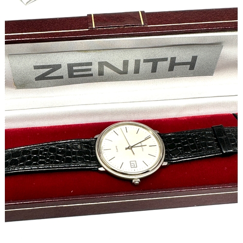 369 - Boxed Vintage Gents Zenith quartz wristwatch the watch is ticking original box & leather zenith stra... 