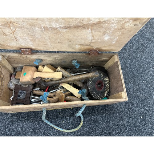 343 - Vintage wooden toolbox with contents hammers, mallets, spanners etc