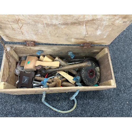 343 - Vintage wooden toolbox with contents hammers, mallets, spanners etc