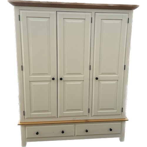 328 - Modern oak topped three door two drawer wardrobe measures approx 63 inches wide, 24 inches deep and ... 