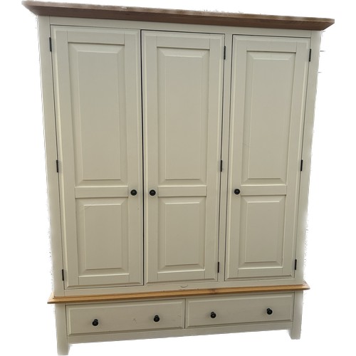 328 - Modern oak topped three door two drawer wardrobe measures approx 63 inches wide, 24 inches deep and ... 