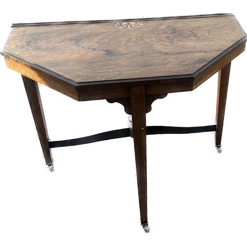 280 - Walnhut inlaid hall table measures 29 inches tall by 30 inches wide and 19 inches deep