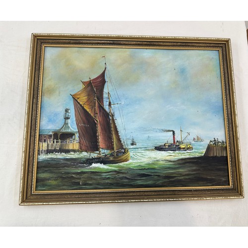 60 - Signed framed oil on board depicting ship scene, measures approximtely 20 inches by 16 inches