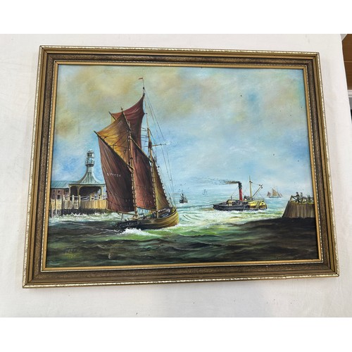 60 - Signed framed oil on board depicting ship scene, measures approximtely 20 inches by 16 inches