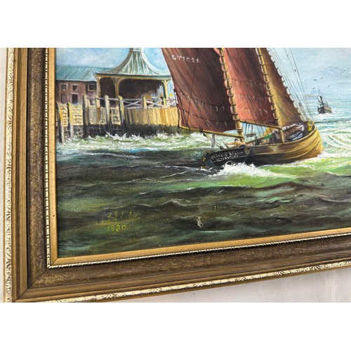 60 - Signed framed oil on board depicting ship scene, measures approximtely 20 inches by 16 inches