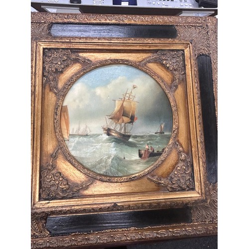 45 - Gilt framed oil on boards depicting gallions measures approximately 19inches square