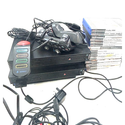 166 - 2 x  Play station 2s and a playstation 1 console, 5 controllers and a selection of assorted games, u... 