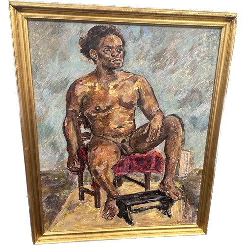 259 - Vintage gilt framed oil on canvas signed K.Beare depicting a naked Emperor measures approx 46 inches... 