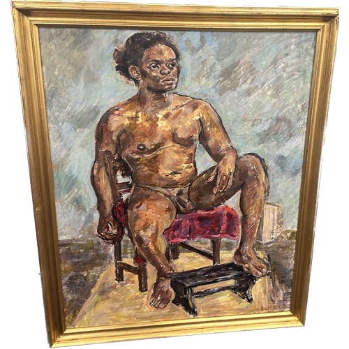 259 - Vintage gilt framed oil on canvas signed K.Beare depicting a naked Emperor measures approx 46 inches... 